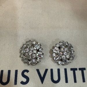 Vintage Clip on Silver Baguette & Round Circular Crystal Earrings